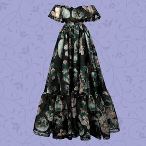 Skull Of A Skeleton Romance Novel / Gothic Floral Off-Shoulder Maxi Dress